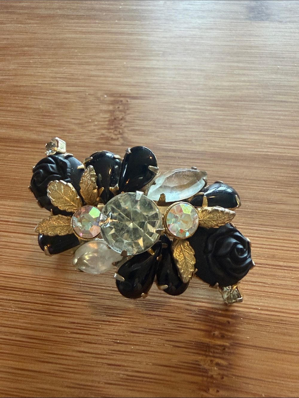 Elegant Vintage Black Floral Crystal Brooch